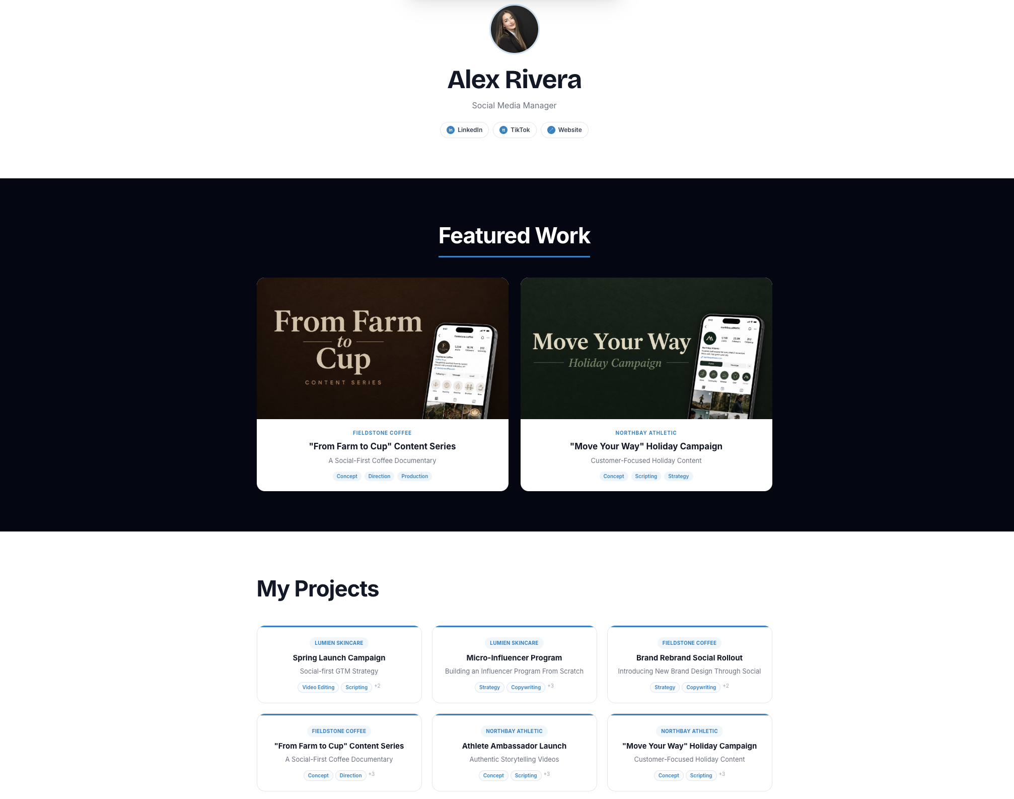 Example folio portfolio — Alex Rivera, Social Media Manager